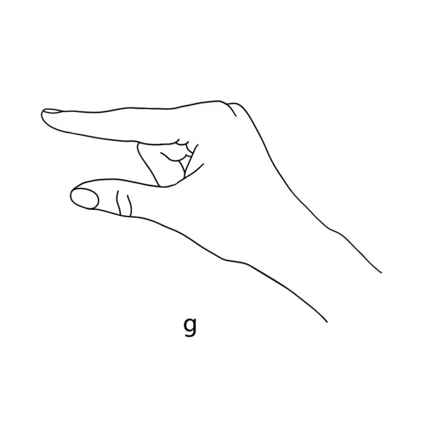 G is the seventh letter of the alphabet in sign language. Vector graphics image of a hand. The language of the deaf and dumb. Line art drawing. Black and white illustration. Fingers folded in letter g — Διανυσματικό Αρχείο