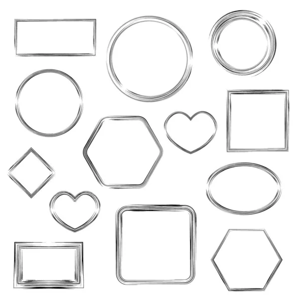 Set von 13 verschiedenen isolierten Rahmen für grafische Gestaltung, Dekoration von sozialen Netzwerken. Rahmen quadratisch, rechteckig, oval und in Herzform. Schwarze Grunge-Linien mit Pinsel gezeichnet — Stockvektor