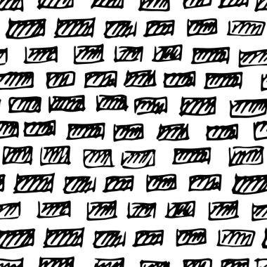 Çizilmiş tuğla şeklinde kusursuz vektör deseni. Doodle tarzında basit bir siyah-beyaz çizim. Koyu renk dikdörtgenler. Web sitelerinin, dizüstü bilgisayarların, dergilerin tasarımı için elle çizilmiş tuğla arka plan