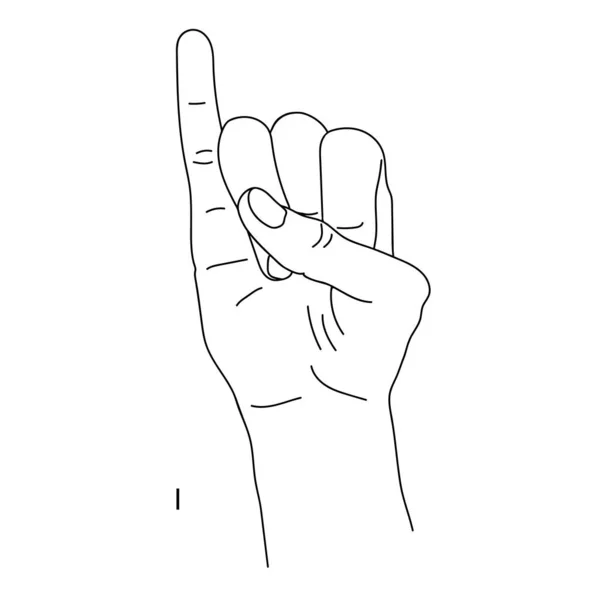 I am the ninth letter of the alphabet in sign language. Isolated image of a hand with clenched fingers, little finger cocked up. Black and white drawing of a hand. The language of the deaf and dumb — Stock Vector