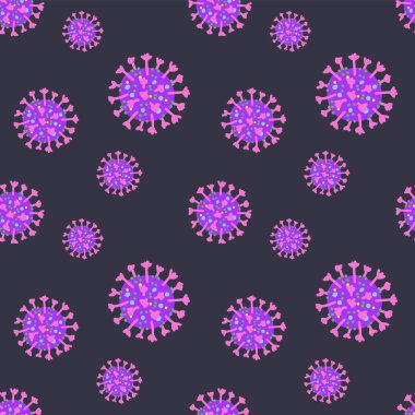 Viral bakteri enfeksiyonu. Coronavirüs salgını deseni. COVID-19 'un vektör koronavirüs logosu. Kusursuz tekrarlanan şablon arka planı. Koyu mavi zemin üzerinde illüstrasyon virüsü Coronavirus 2019-nCoV.