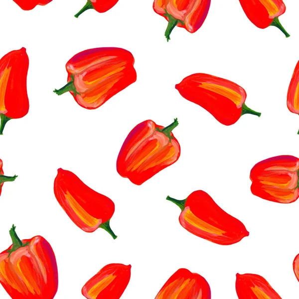 Colorful red pepper pattern. Hand drawn ornament on a white background. Bright fresh vegetable. Seamless pattern of red paprika on a white background. Juicy appetizing pattern. Drawn by hand