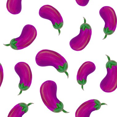 Renkli patlıcan deseni. Beyaz arka planda elle çizilmiş bir süs. Parlak taze sebze. Beyaz arka planda pürüzsüz mor patlıcan deseni. Lezzetli iştah açıcı desen. El çizimi.