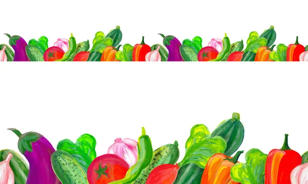 Une bordure de nombreux légumes dessinés à la gouache. Poivre, aubergine, courgette, concombre, ail. Légumes lumineux dessinés à la main pour la conception de menus, cartes de visite, vitrines, textiles, cartes postales — Photo