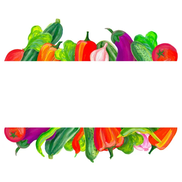 The double-sided frame of bright vegetables is drawn by hand in gouache for the design of menus, business cards, display cases, textiles, cards. Pepper, eggplant, zucchini, cucumber, garlic