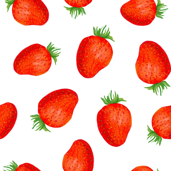딸기 껍질없는 패턴이야. 가이아가 그린 흰색 배경에 많은 빨간 딸기가 있습니다. 화장품, 건강 제품, 향수, 웹 사이트, 인쇄 포스터, 직물, 의복, 침구류, 직물 — 스톡 사진