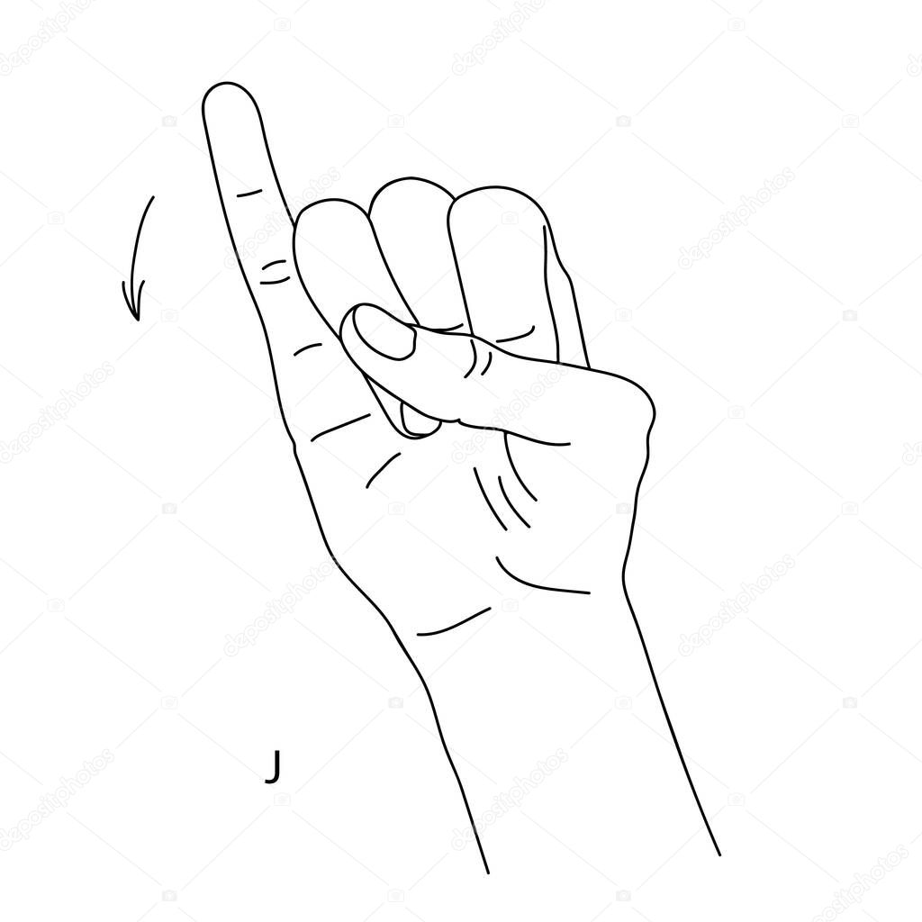 J is the tenth letter of the alphabet in sign language. Isolated image of a hand with clenched fingers, little finger cocked up. Black and white drawing of a hand. Deaf and dumb language