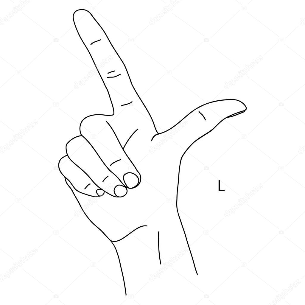 L is the twelfth letter of the alphabet in sign language. Gesture in the form of the letter l, the index finger shows up, the thumb to the side. Black and white hand drawing for educational cards
