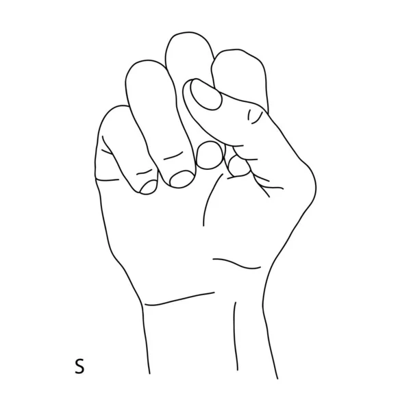 S is the nineteenth letter of the alphabet in sign language. Gesture in the form of a fist. Black and white drawing of a human hand. Deaf and dumb language. The Letter S. Vector isolated illustration — Stock Vector