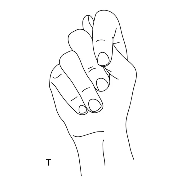 T is the twentieth letter of the alphabet in sign language. A gesture in the shape of a fist with a protruding tip of the thumb. Black and white drawing of a hand. Deaf and dumb language. Fig shish — Stockový vektor