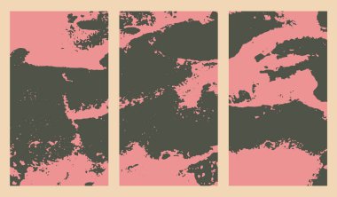 Tasarımın için beyaz arka planda mürekkep lekeleri olan üç dikey kart seti. Pembe ve gri dokular. Stock vektör illüstrasyonu. Sosyal ağ, kartpostal, pankart, logo, kart için arkaplan.