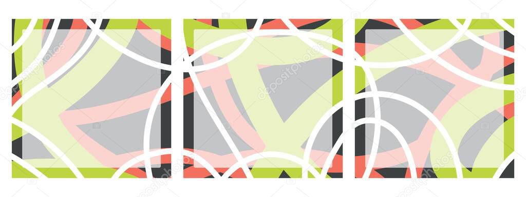 A set of square backgrounds with an abstract pattern for social networks with space for text. Chaotic colored thick and thin lines on a dark background. A copy of the space. Doodle style. Stock art