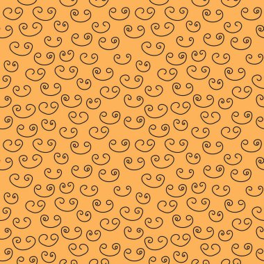 Turuncu arka planda bir sürü siyah kıvırcık var. Kusursuz vektör çizimi. Soyut grafik tasarımı. Web sitesi tasarımı, ambalaj kağıdı tasarımı, duvar kağıdı, kartpostallar, kapaklar için vektör şablonu