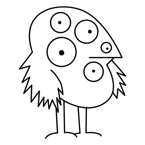 Um pássaro estranho com muitos olhos é desenhado no estilo de uma fina linha preta. O pássaro olha com grandes olhos redondos em direções diferentes, confunde-se. Arte isolada linear. Ilustração do vetor — Vetor de Stock