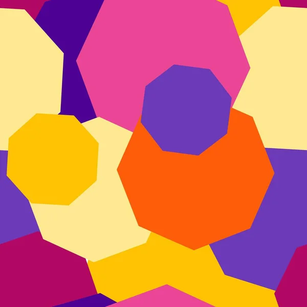 Векторный бесшовный рисунок из многоугольников разных размеров и цветов. Восьмиугольник перекрывает друг друга. Фиолетовый, желтый, розовый и оранжевый модные цвета. Предпосылки для обложек ноутбуков, тканей, сайта — стоковый вектор