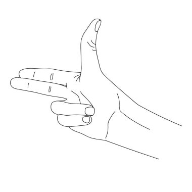 Gesture in the form of the index and middle finger pointing up. Black and white drawing of a hand. Hand making shooting gun, gesture outline vector illustration. Deaf and dumb language. Gun Hand
