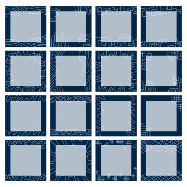 Grafik desenleri, geometrik süslemeler, soyut çizgiler, basit el çizimi sembollerden oluşan geniş bir kare mavi arkaplan seti. Dalgalı çizgiler, üçgenler, daireler, kareler. İzole vektör kümesi.