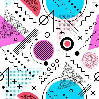 Seamless 1980s inspired graphic pattern of lines and geometric shapes. memphis style clipart