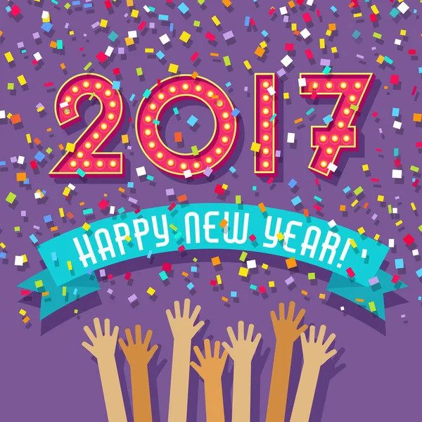 Szczęśliwy nowy rok karty z konfetti spada i żarówki zaznaczenia 2017. — Wektor stockowy