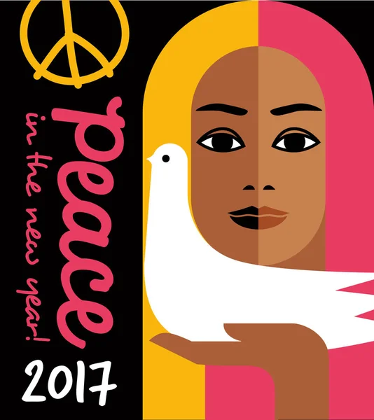 Style rétro 2017 nouvelle année design avec message de paix et fille tenant une colombe. Pour affiches, cartes, bannières . — Image vectorielle