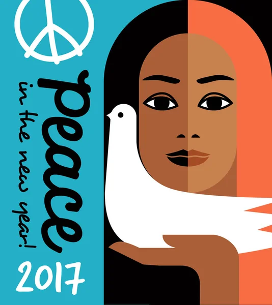 Estilo retro 2017 diseño de año nuevo con mensaje de paz y niña sosteniendo una paloma. Para carteles, tarjetas, pancartas . — Archivo Imágenes Vectoriales