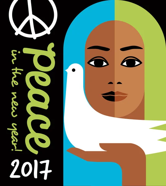 Style rétro 2017 nouvelle année design avec message de paix et fille tenant une colombe. Pour affiches, cartes, bannières . — Image vectorielle