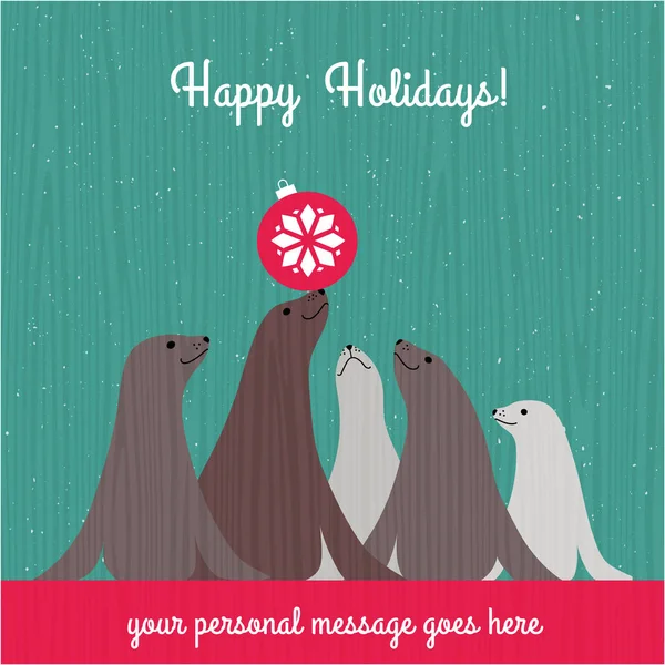 Carte de Noël de vacances avec jolie famille d'otaries et espace pour votre texte — Image vectorielle