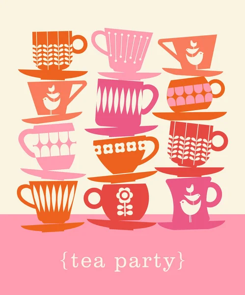 Ilustración retro colorido con pilas de tazas de té para cartel, invitación, tarjetas de felicitación — Vector de stock