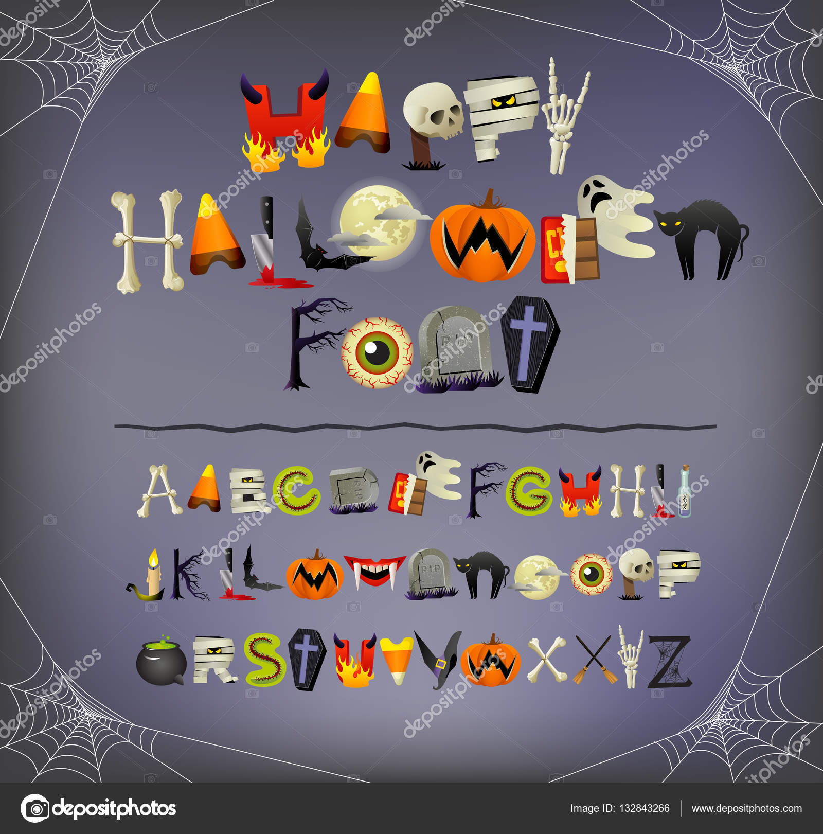 万圣节字体字母说明与万圣节图标和主题元素图库矢量图©TeddyandMia 132843266, image size:1600x1621