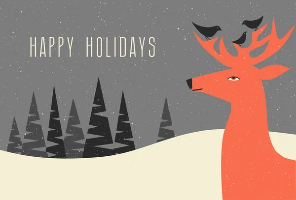 Святкові вітальні листівки зимова сцена з оленями і птахами, натягнутими на його роги — стоковий вектор