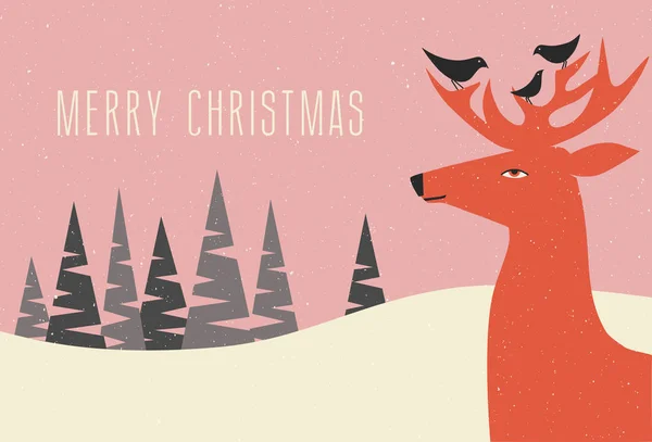 Weihnachtsgrußkarte Winterszene mit Hirschen und Vögeln auf seinem Geweih — Stockvektor