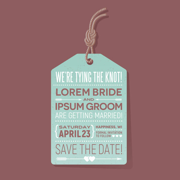 save the date wedding card. typography design tag with knotted cord.