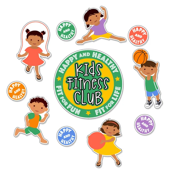 Active children playing sports. latino fitness stickers. — Stock Vector