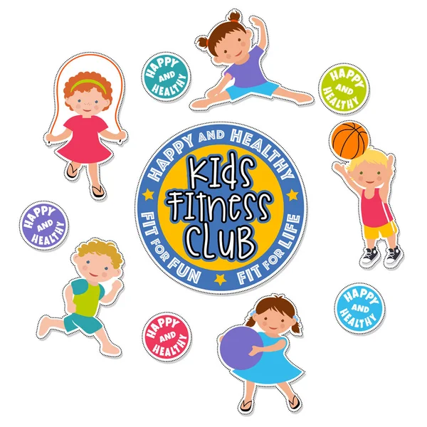 Active children playing sports. caucasian kids fitness stickers. — Stock Vector