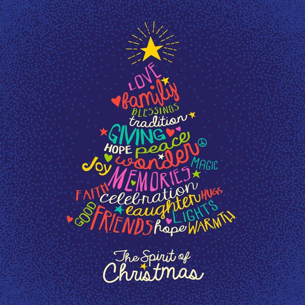 Handgeschriebene Wortwolke in Weihnachtsbaumform. Grußkarten-Design — Stockvektor