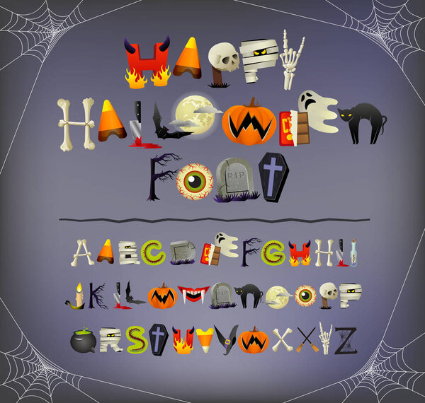 Алфавит шрифта Хэллоуина, иллюстрированный иконками Хэллоуина и элементами темы
