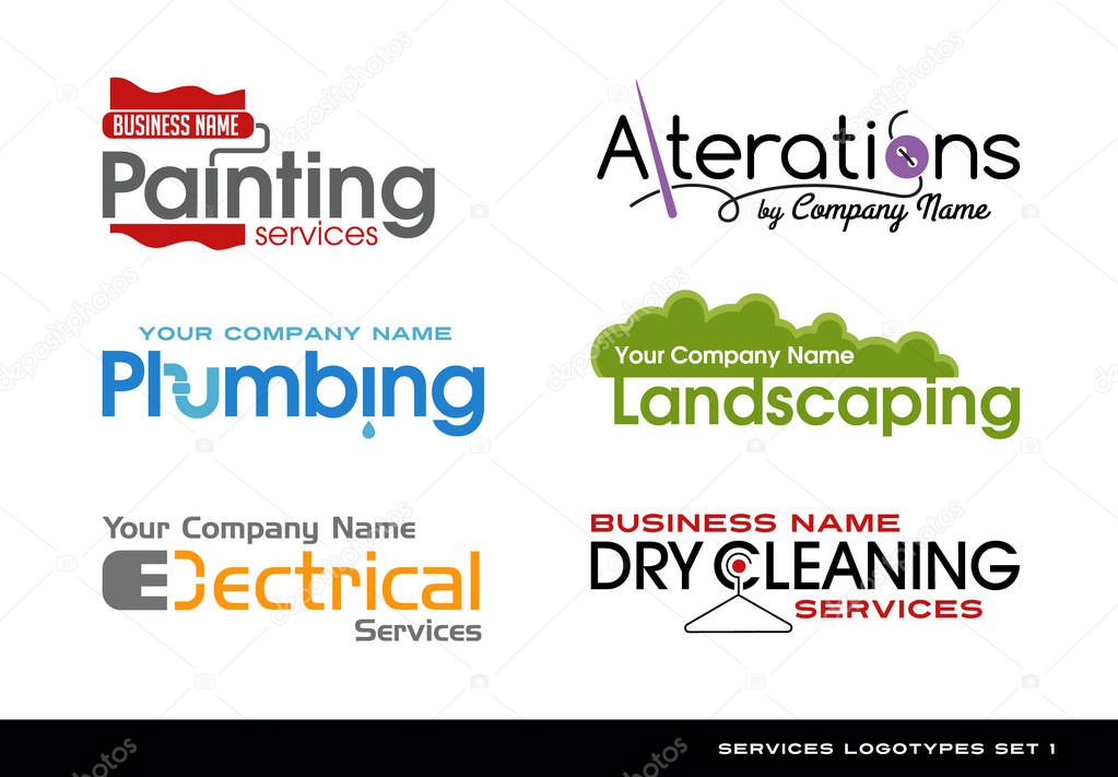 Set of logos logotypes for various services. plumbing, electrical, alterations, landscaping, painting and dry cleaning.