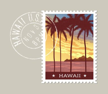 Hawaii vektör Illustration uzun palmiye ağaçları gün batımında. Grunge posta damgası ayrı katman üzerinde