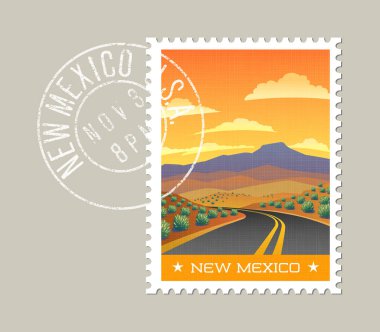 New Mexico vektör çizim çöl yatay, çalılıkların üzerinden dolambaçlı yolu. 