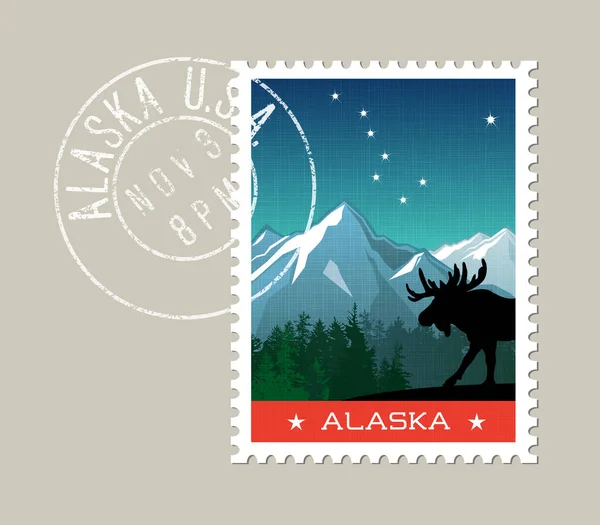 Alaska vector ilustración de paisaje montañoso escénico con silueta de alce — Archivo Imágenes Vectoriales