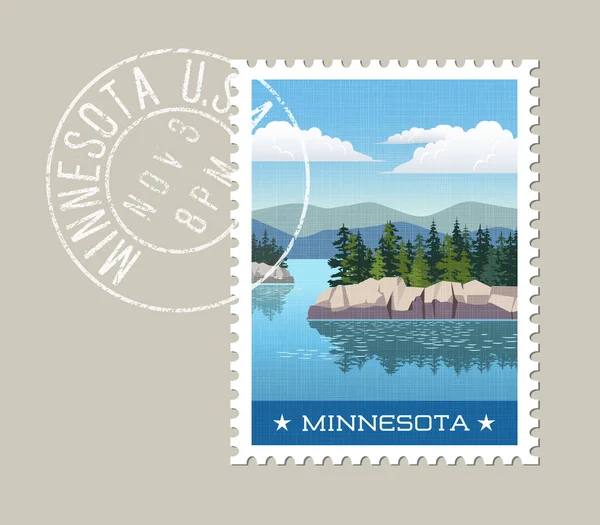 Minnesota vettoriale illustrazione di lago panoramico e foresta. Grunge timbro postale su strato separato — Vettoriale Stock