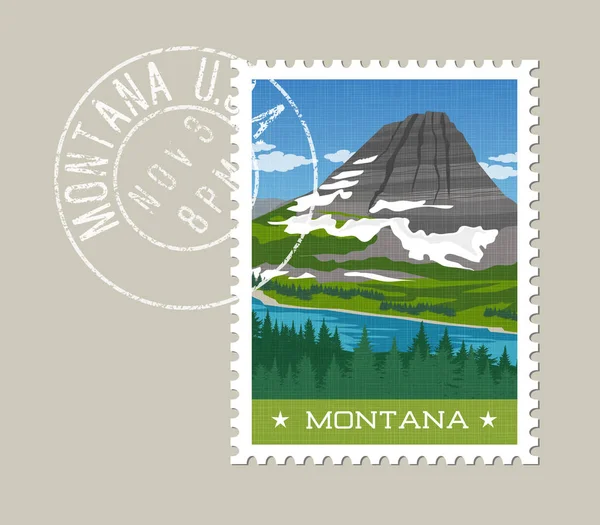 Montana vector ilustración de montaña nevada, río y bosque . — Vector de stock