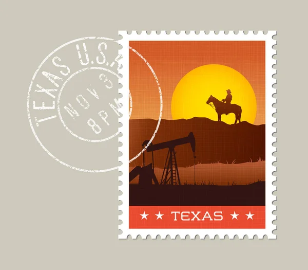 Illustration vectorielle texane de cow-boy à cheval observant le coucher du soleil. Grunge cachet de la poste sur un calque séparé — Image vectorielle