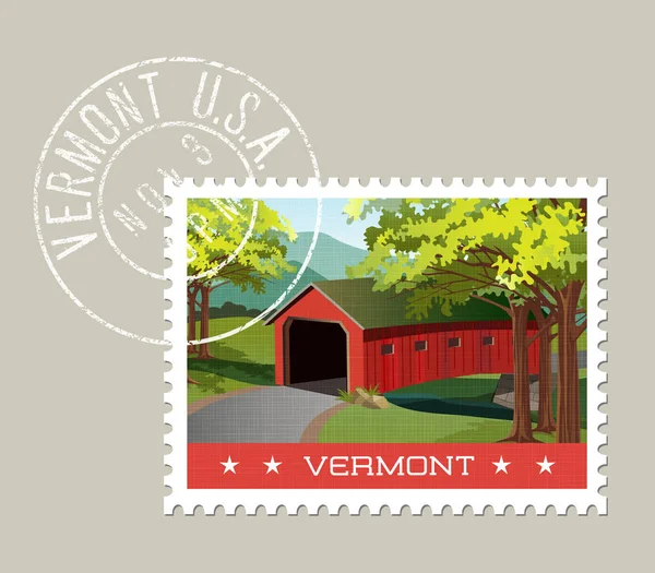 Vermont  vector illustration of scenic covered bridge over stream. — Stock Vector