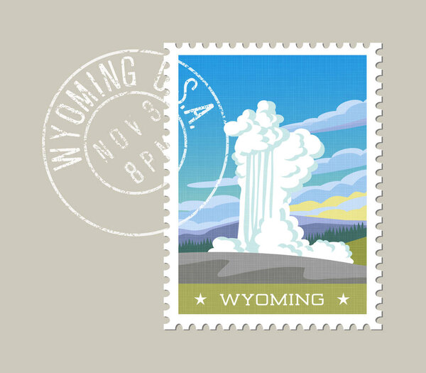 Wyoming vector illustration of water and steam erupting from geyser. 