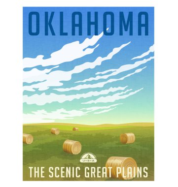 Oklahoma, Amerika Birleşik Devletleri retro poster veya Bagaj etiket seyahat. Vektör çizim doğal alanı ile yuvarlak saman balya