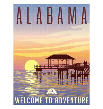 Alabama, United States travel poster or luggage sticker. Scenic illustration of a fishing pier on the Gulf coast at sunset. clipart