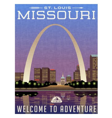 Missouri, Amerika Birleşik Devletleri poster veya Bagaj etiket seyahat. Gateway Arch ve şehir merkezindeki St. Louis doğal çizimi geceleri.