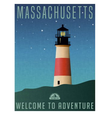 Massachusetts, Amerika Birleşik Devletleri poster veya Bagaj etiket seyahat. Nantucket Adası üzerinde bir deniz feneri doğal illüstrasyon yıldızlı gökyüzü ile gece.