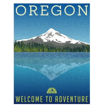 Oregon, Amerika Birleşik Devletleri seyahat poster veya Bagaj etiket. Mt. Hood doğal illüstrasyon yansıması ile göl arkasında.